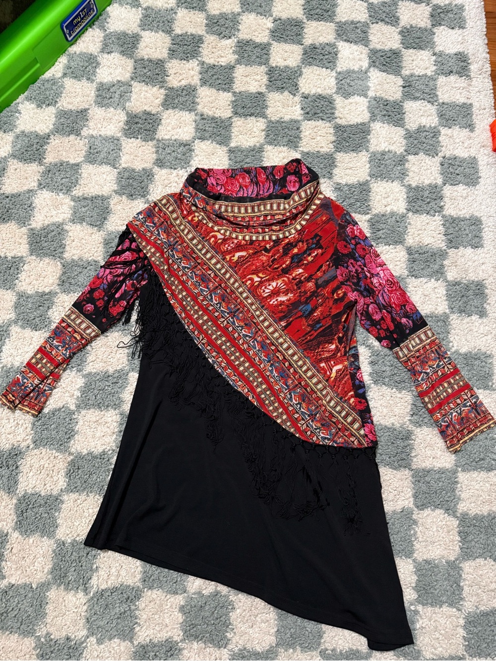 Calessa Tunic Top Poncho Tassels Womens Large Black Whimsigoth Dark Floral Boho